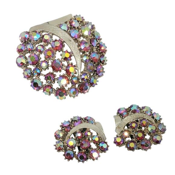 Vintage Art Mode-Art Arthur Pepper Aurora Borealis Brooch & Clip On Earrings Set - Picture 1 of 11